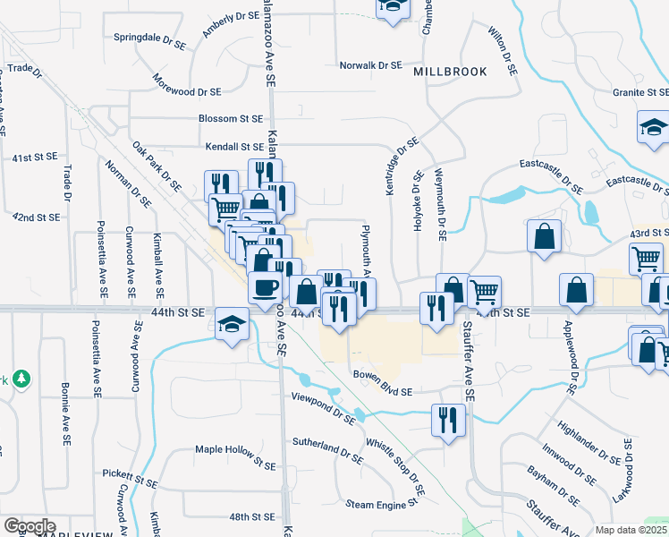 map of restaurants, bars, coffee shops, grocery stores, and more near 4311 Dawes Court Southeast in Grand Rapids