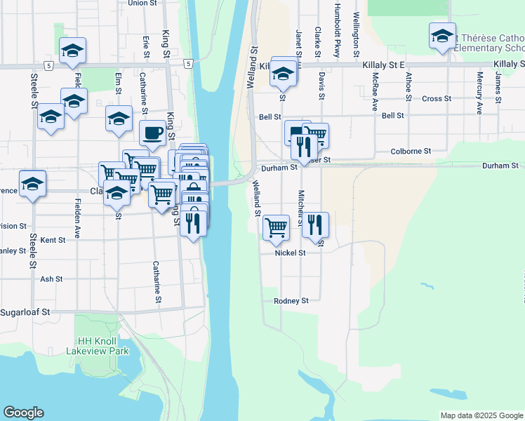 map of restaurants, bars, coffee shops, grocery stores, and more near 173 Welland Street in Port Colborne