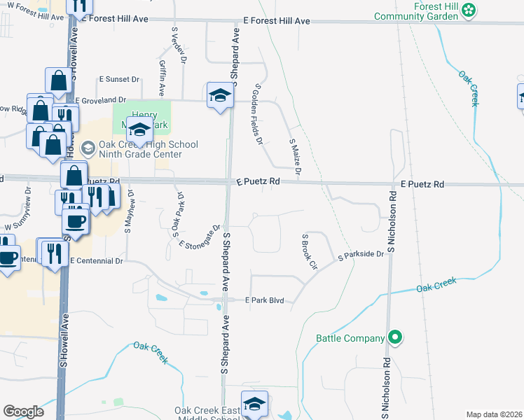 map of restaurants, bars, coffee shops, grocery stores, and more near 1000 East Stonegate Drive in Oak Creek