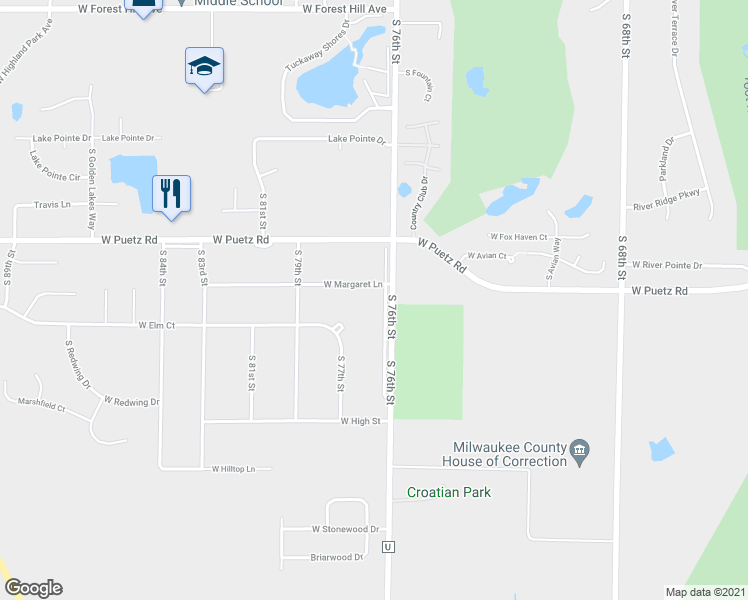 map of restaurants, bars, coffee shops, grocery stores, and more near 8785 South 76th Street in Franklin
