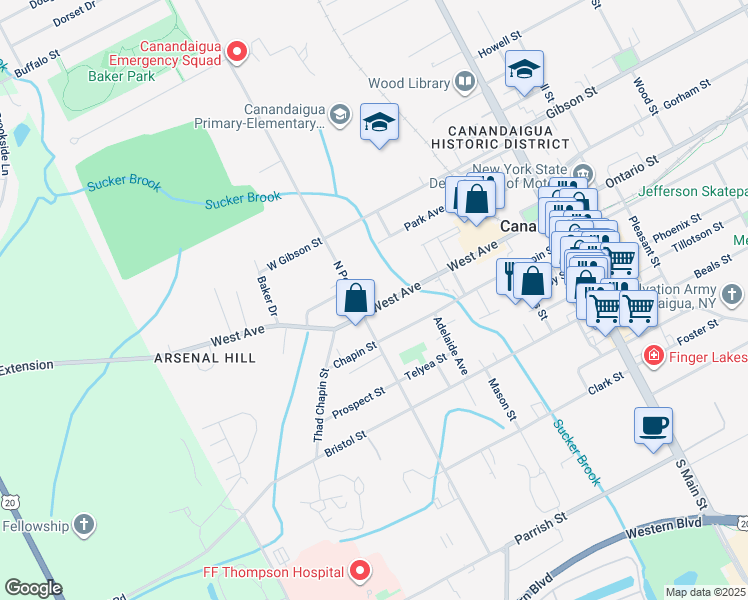 map of restaurants, bars, coffee shops, grocery stores, and more near 178 West Avenue in Canandaigua