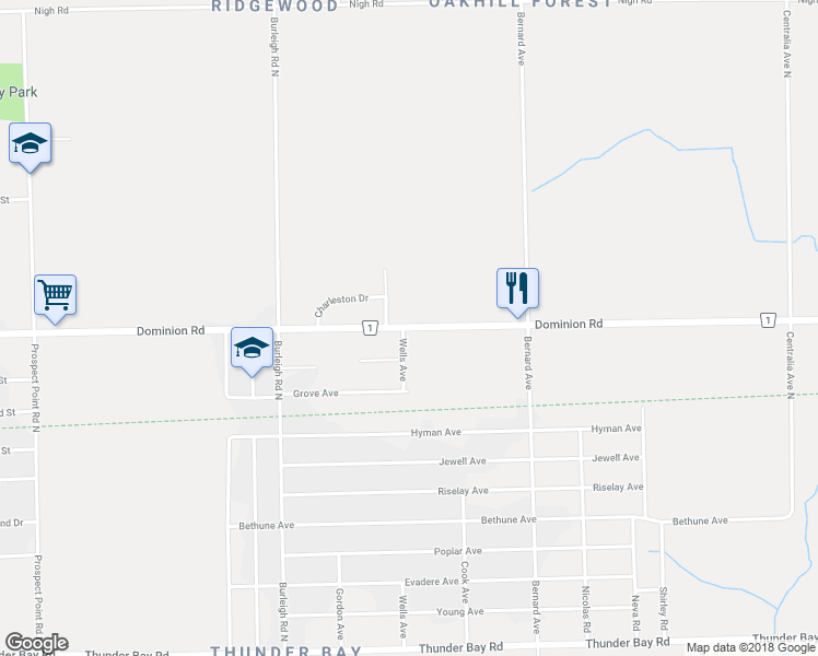 map of restaurants, bars, coffee shops, grocery stores, and more near 3221 Dominion Road in Fort Erie