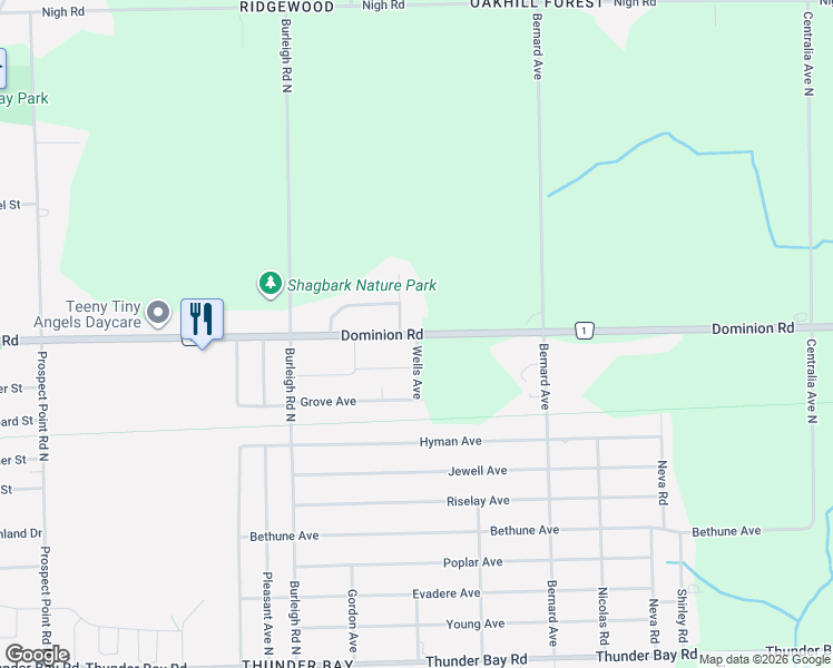 map of restaurants, bars, coffee shops, grocery stores, and more near 3221 Dominion Road in Fort Erie