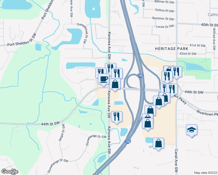map of restaurants, bars, coffee shops, grocery stores, and more near 2 44th Street Southwest in Grandville