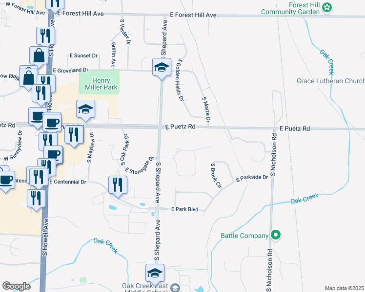 map of restaurants, bars, coffee shops, grocery stores, and more near 1000 East Stonegate Drive in Oak Creek