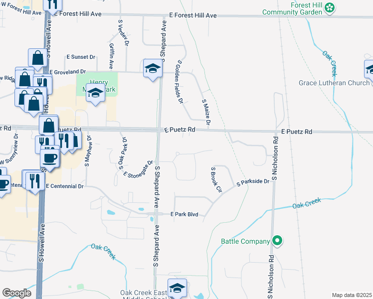 map of restaurants, bars, coffee shops, grocery stores, and more near 1000 East Stonegate Drive in Oak Creek