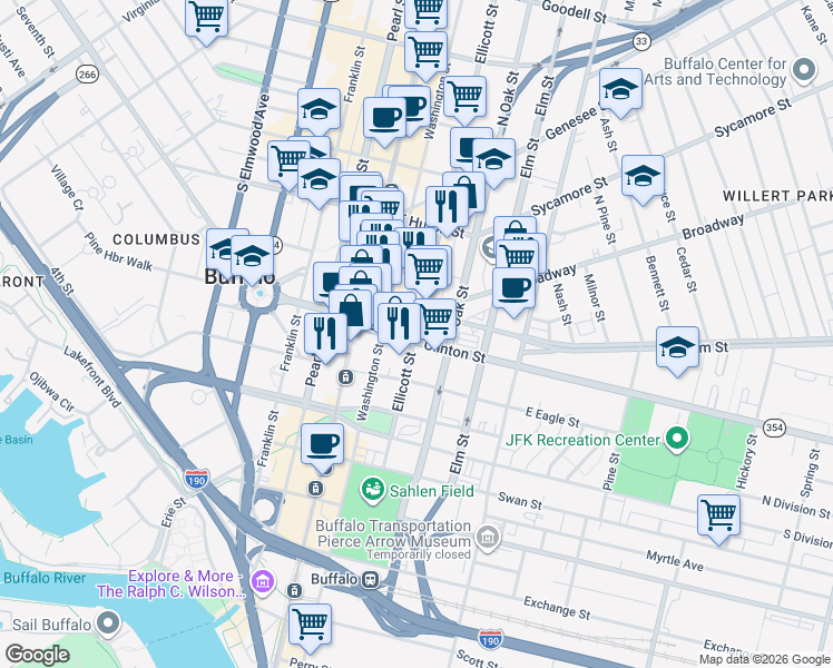 map of restaurants, bars, coffee shops, grocery stores, and more near 1 Lafayette Square in Buffalo