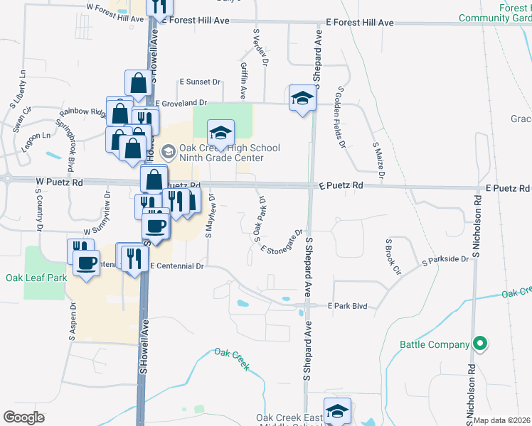 map of restaurants, bars, coffee shops, grocery stores, and more near 8740 South Oak Park Drive in Oak Creek