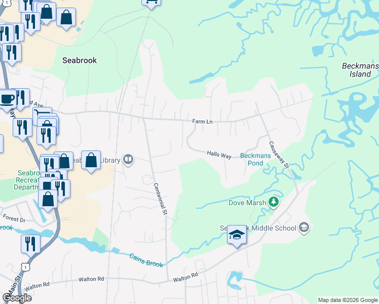 map of restaurants, bars, coffee shops, grocery stores, and more near 12 Halls Way in Seabrook