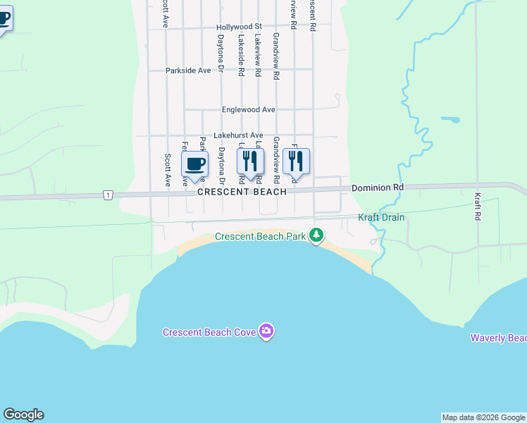 map of restaurants, bars, coffee shops, grocery stores, and more near 344 Lakeview Road in Fort Erie