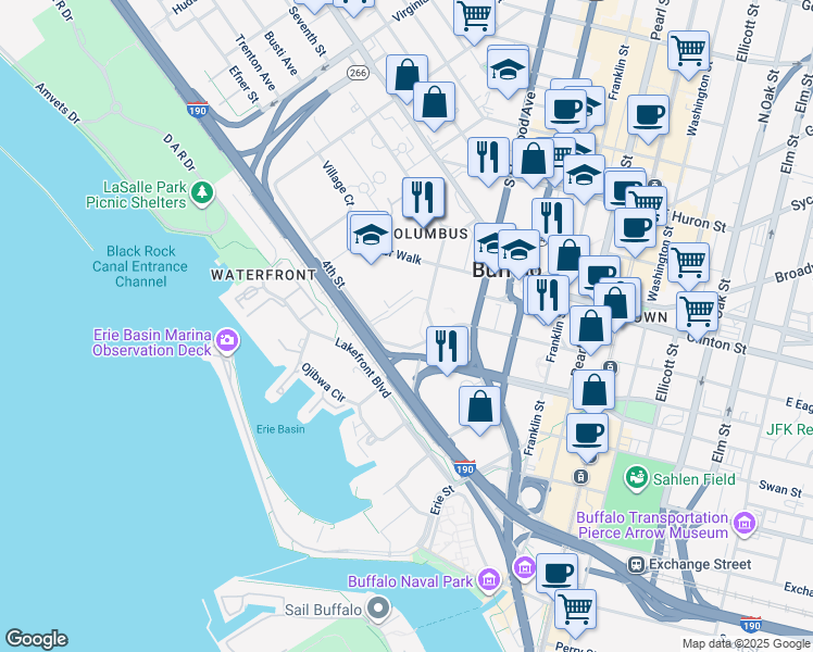 map of restaurants, bars, coffee shops, grocery stores, and more near 1 4th Street in Buffalo