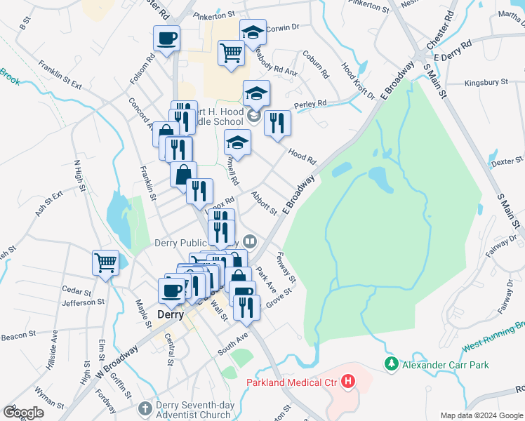 map of restaurants, bars, coffee shops, grocery stores, and more near 3 Hardy Court in Derry
