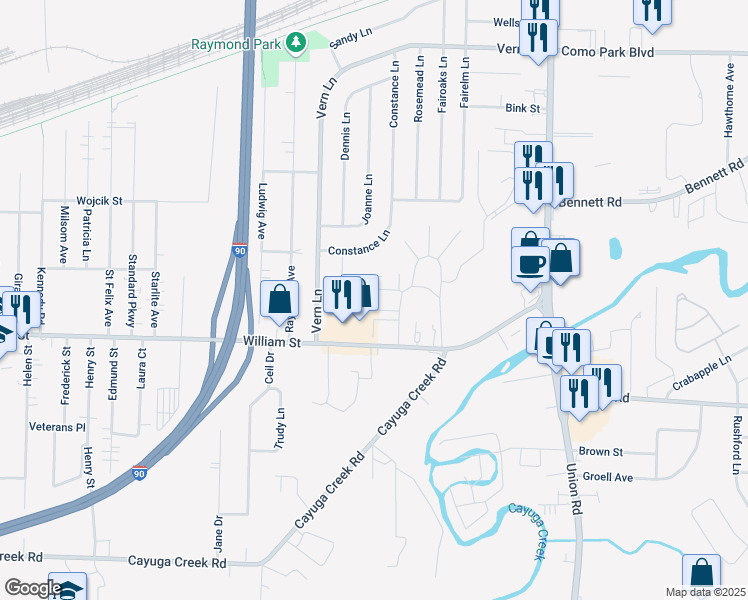 map of restaurants, bars, coffee shops, grocery stores, and more near 2920 William Street in Cheektowaga