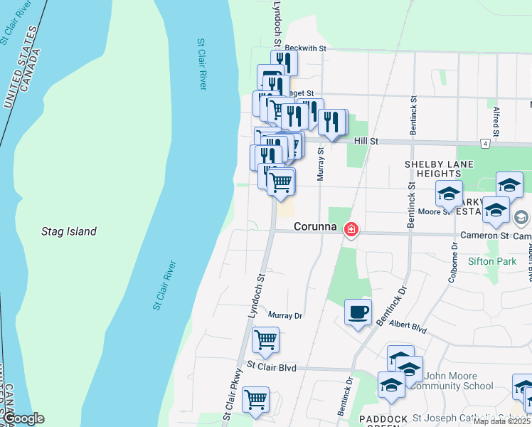map of restaurants, bars, coffee shops, grocery stores, and more near 459 Lyndoch Street in Corunna