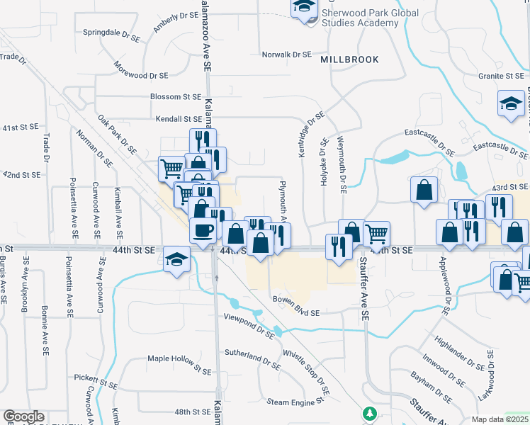 map of restaurants, bars, coffee shops, grocery stores, and more near 4311 Dawes Court Southeast in Grand Rapids