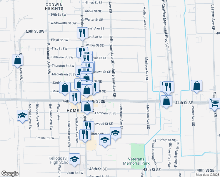 map of restaurants, bars, coffee shops, grocery stores, and more near 150 Murray Street Southeast in Kentwood