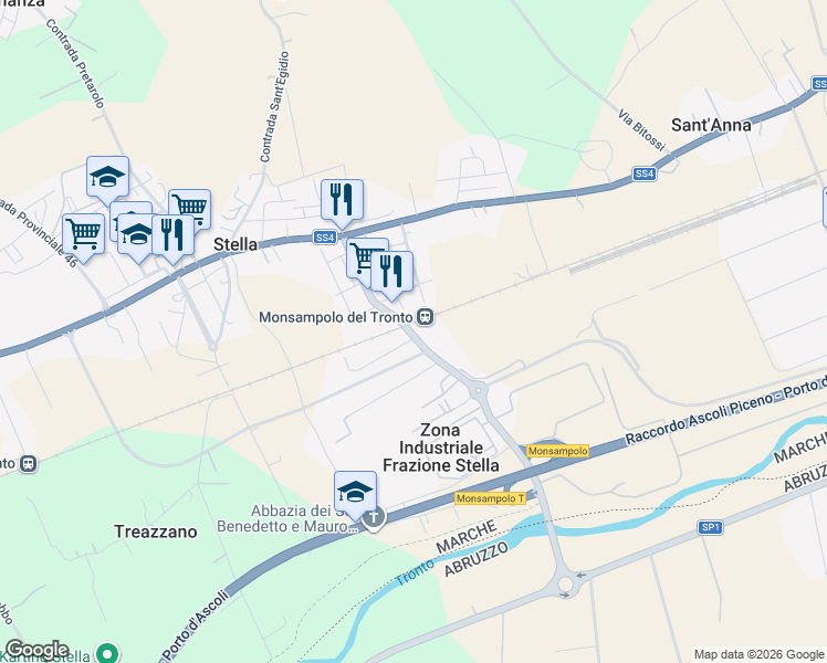 map of restaurants, bars, coffee shops, grocery stores, and more near 66 Via Cristoforo Colombo in Stella