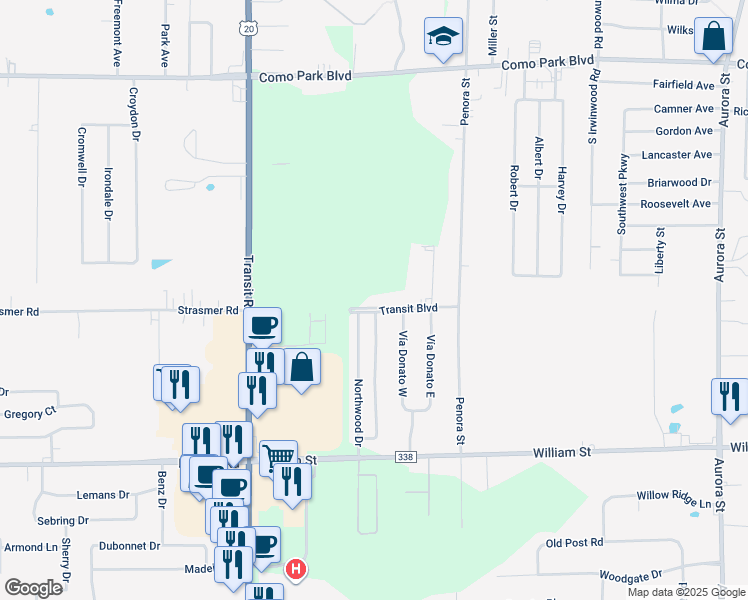 map of restaurants, bars, coffee shops, grocery stores, and more near 4 Transit Boulevard in Depew
