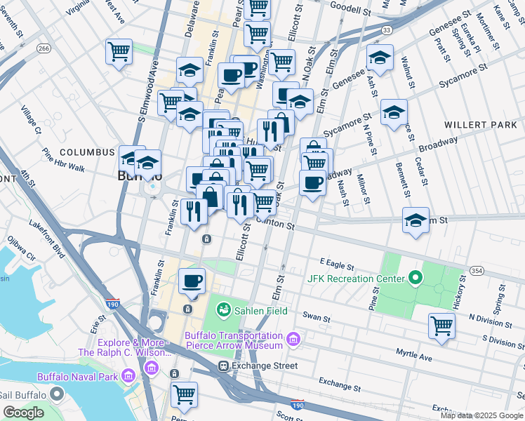 map of restaurants, bars, coffee shops, grocery stores, and more near 92 Clinton Street in Buffalo