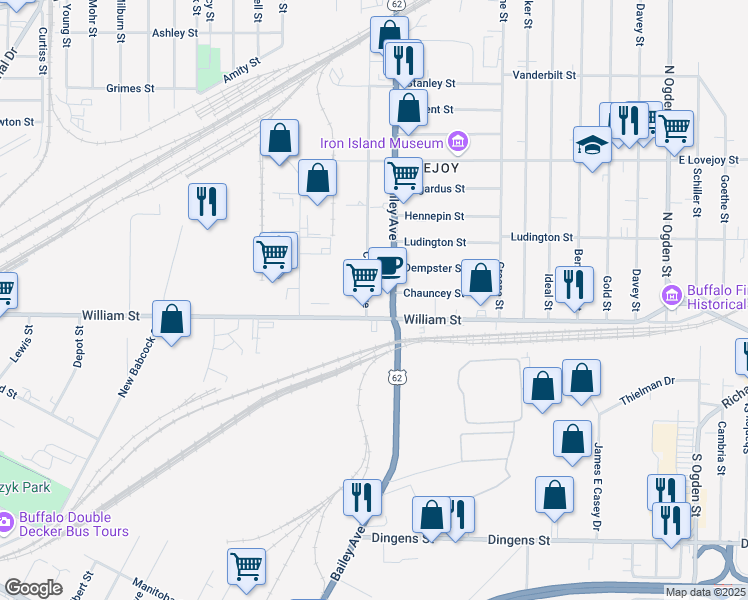 map of restaurants, bars, coffee shops, grocery stores, and more near in Buffalo