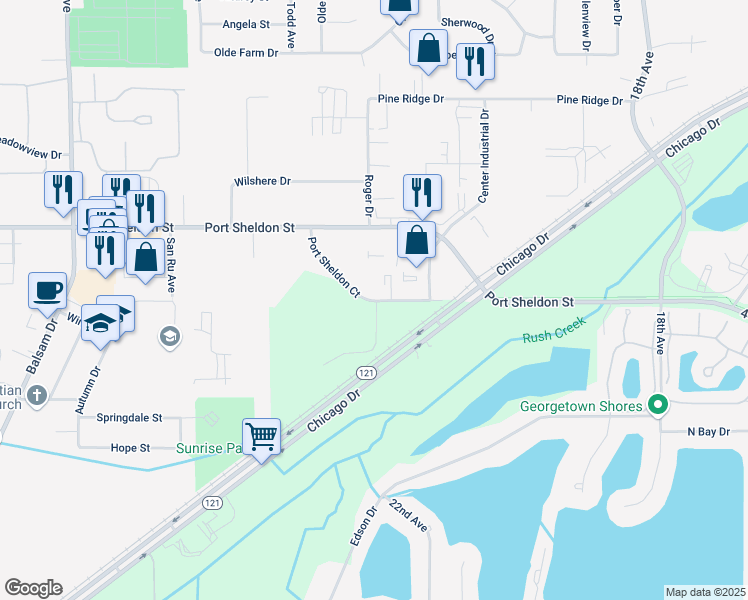 map of restaurants, bars, coffee shops, grocery stores, and more near 2333 Port Sheldon Court in Georgetown Township