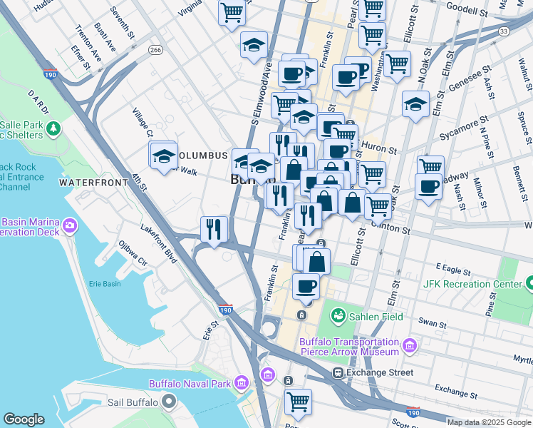 map of restaurants, bars, coffee shops, grocery stores, and more near 69 Delaware Avenue in Buffalo