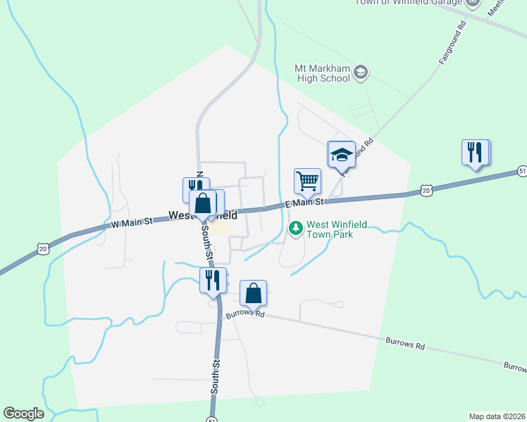 map of restaurants, bars, coffee shops, grocery stores, and more near 452 East Main Street in West Winfield