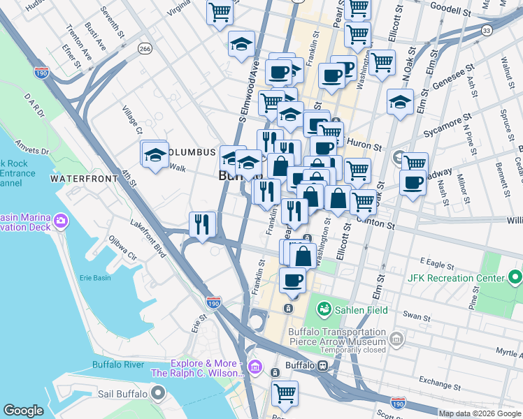 map of restaurants, bars, coffee shops, grocery stores, and more near 110 Franklin Street in Buffalo