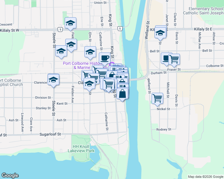 map of restaurants, bars, coffee shops, grocery stores, and more near 55 Charlotte Street in Port Colborne