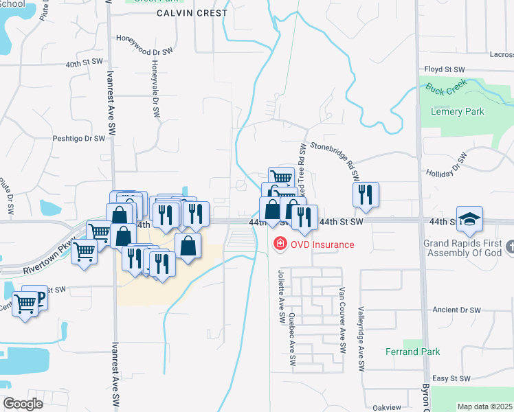map of restaurants, bars, coffee shops, grocery stores, and more near 2824 44th Street in Grandville