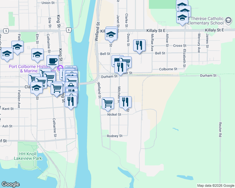 map of restaurants, bars, coffee shops, grocery stores, and more near 224 Mitchell Street in Port Colborne