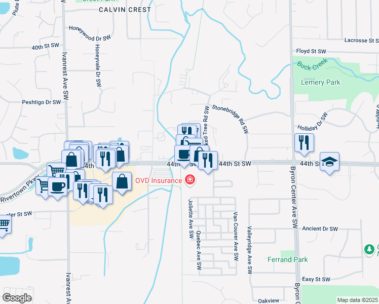 map of restaurants, bars, coffee shops, grocery stores, and more near 2757 44th Street Southwest in Wyoming