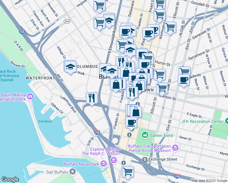 map of restaurants, bars, coffee shops, grocery stores, and more near 110 Franklin Street in Buffalo