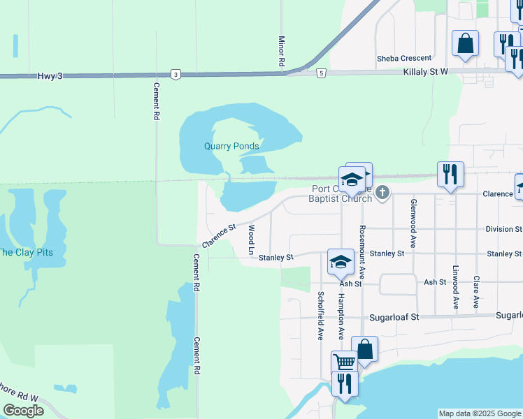map of restaurants, bars, coffee shops, grocery stores, and more near 645 Clarence Street in Port Colborne