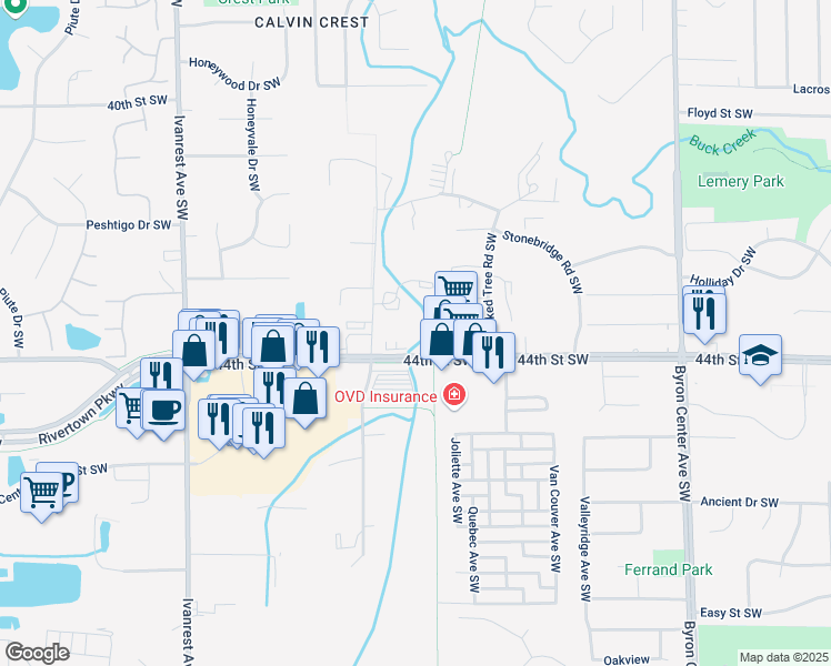 map of restaurants, bars, coffee shops, grocery stores, and more near 2824 44th Street in Grandville