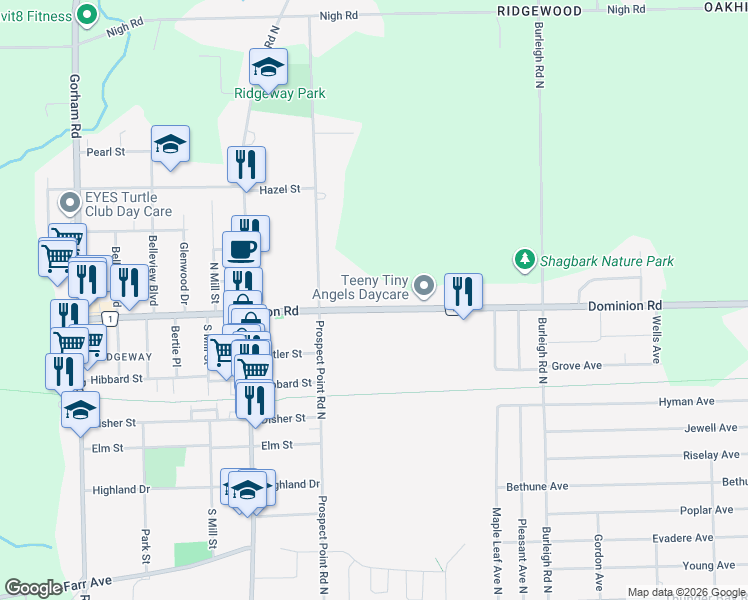 map of restaurants, bars, coffee shops, grocery stores, and more near 3534 Dominion Road in Fort Erie