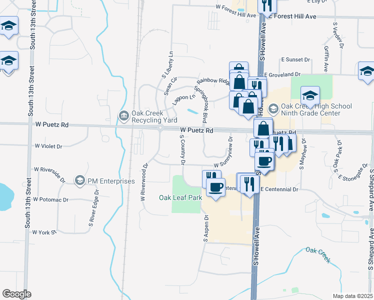 map of restaurants, bars, coffee shops, grocery stores, and more near 8748 South Country Drive in Oak Creek