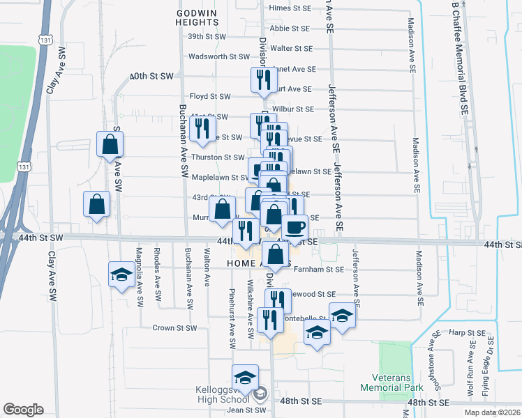 map of restaurants, bars, coffee shops, grocery stores, and more near 4339 Division Avenue South in Wyoming