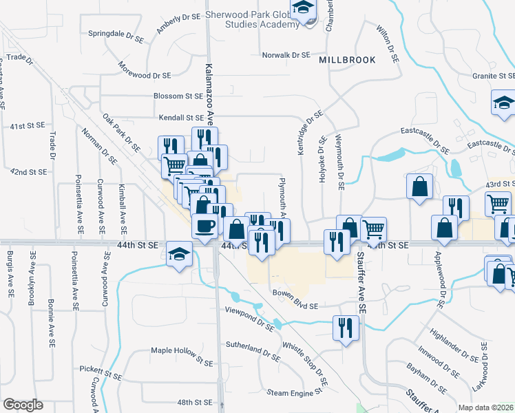 map of restaurants, bars, coffee shops, grocery stores, and more near 4305 Dawes Court Southeast in Grand Rapids