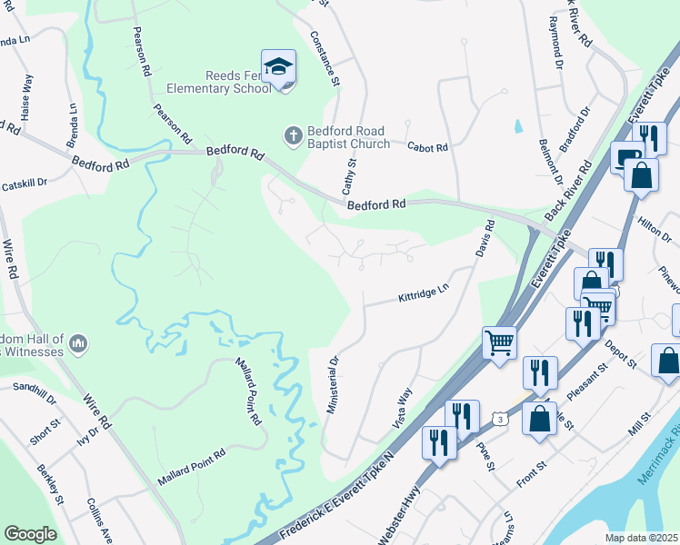 map of restaurants, bars, coffee shops, grocery stores, and more near 10 Quails Way in Merrimack