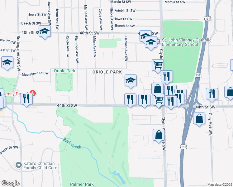 map of restaurants, bars, coffee shops, grocery stores, and more near 1029 44th Street Southwest in Wyoming