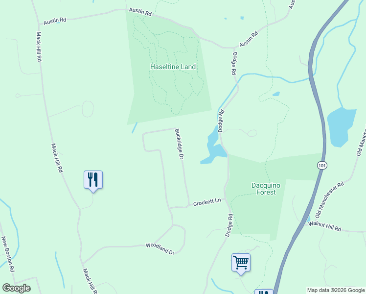 map of restaurants, bars, coffee shops, grocery stores, and more near 50 Buckridge Drive in Amherst