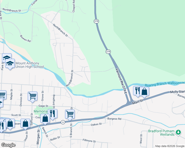 map of restaurants, bars, coffee shops, grocery stores, and more near 176 Bakers Drive in Bennington