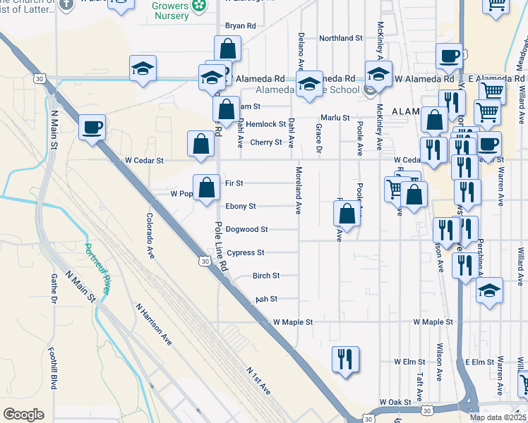 map of restaurants, bars, coffee shops, grocery stores, and more near 745 Ebony Street in Pocatello