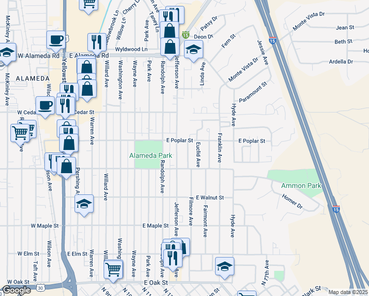 map of restaurants, bars, coffee shops, grocery stores, and more near 544 Jefferson Avenue in Pocatello