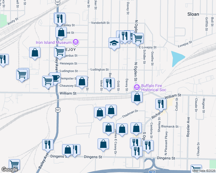 map of restaurants, bars, coffee shops, grocery stores, and more near 26 Benzinger Street in Buffalo