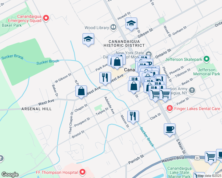 map of restaurants, bars, coffee shops, grocery stores, and more near 127 Chapin Street in Canandaigua