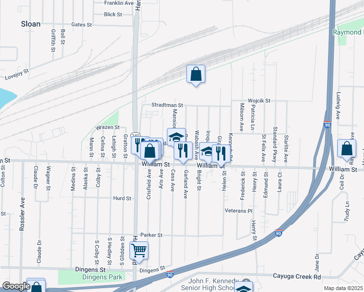 map of restaurants, bars, coffee shops, grocery stores, and more near 20 Peoria Avenue in Buffalo