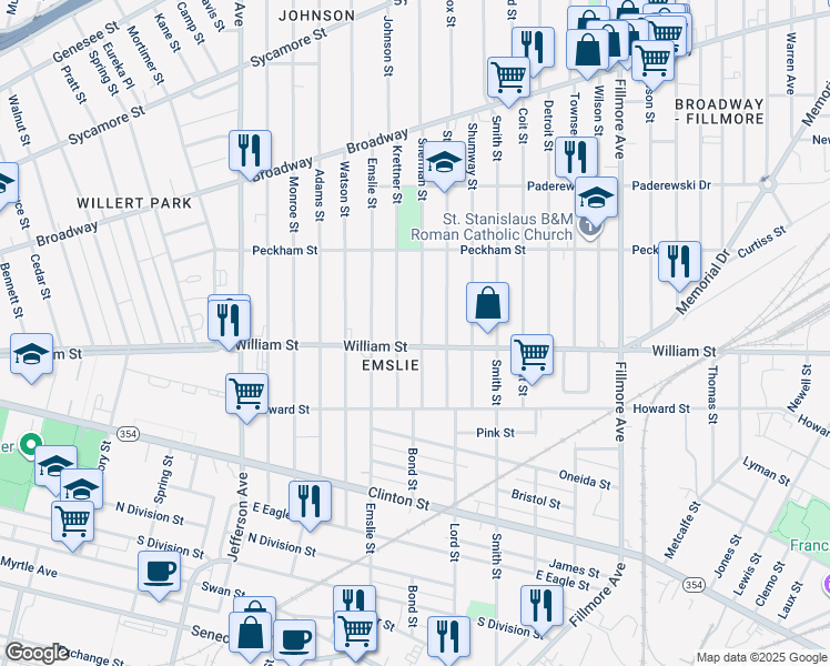 map of restaurants, bars, coffee shops, grocery stores, and more near 643 William Street in Buffalo