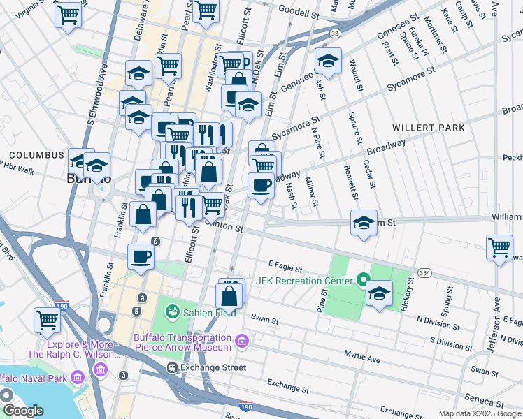 map of restaurants, bars, coffee shops, grocery stores, and more near 460 Michigan Avenue in Buffalo